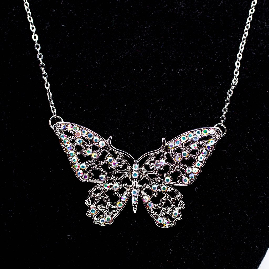 Silvertone Filigree Crystal Pave Butterfly Necklace, New